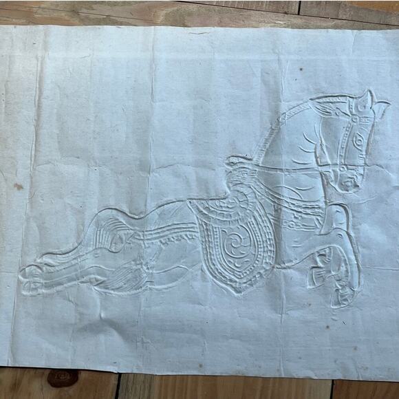 Vintage Thai Stone Rubbing on rice paper. Brownish red. Horse. Decor. 18x13" - Picture 5 of 9
